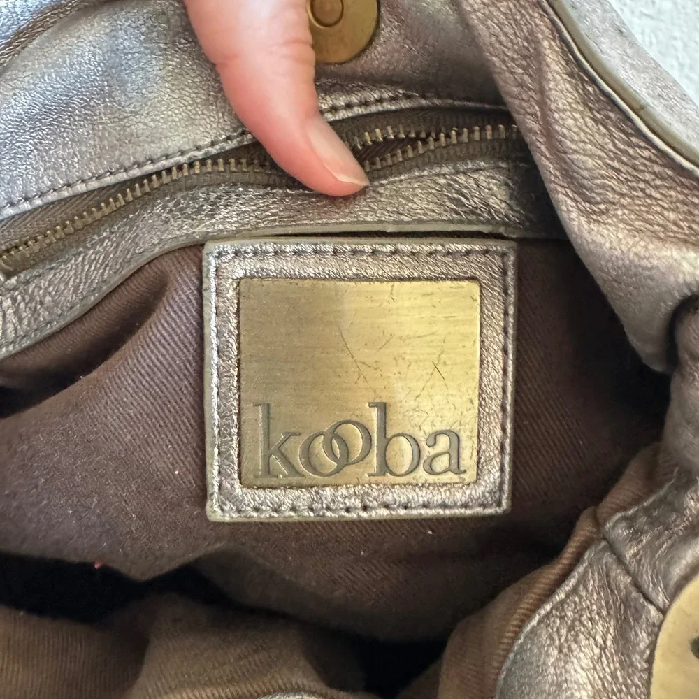 Kooba Metallic‎ Pewter Leather Bow Shoulder Bag Hobo Brass Hardware Vintage Y2K